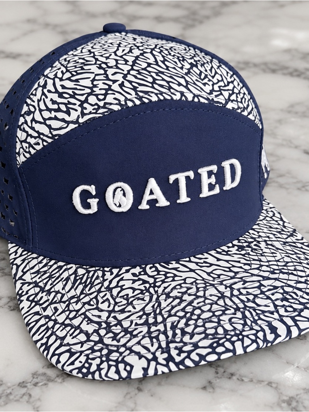 GOATED Golf Navy Elephant Print Snapback Hat Performance Golf Cap